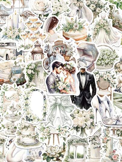 50pcs Vintage Floral Wedding Sticker Aesthetic White Art Decals For Laptop Luggage Scrapbook Diary Phone Case Sticker