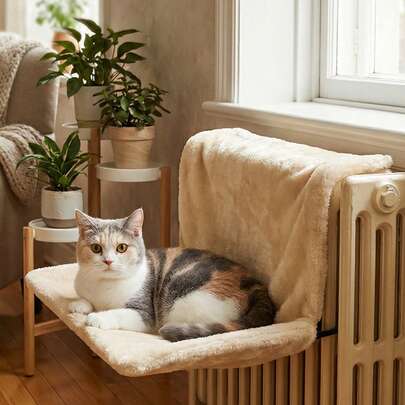 PETSIN Hanging Plush Cat Basket Hammock, Warm & Comfortable Cat Furniture Radiator Bed, Adjustable Metal Frame, Suitable For Most Radiator Types - Max Load 7kg