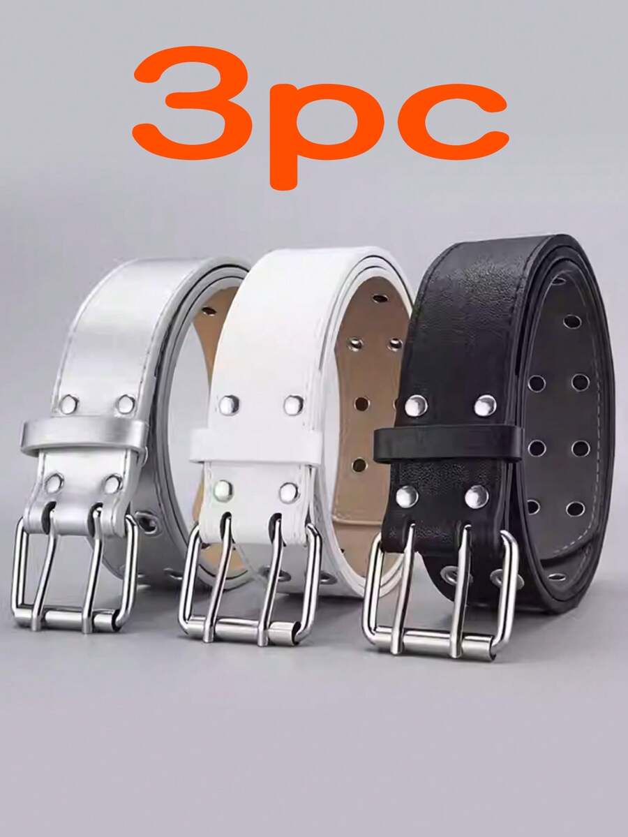 3pcs Fashionable Double Row Eyelet PU Needle Buckle Unisex Waist Belt, Streetwear Versatile Jeans Belt, Suitable For Daily Wear, Dates, Parties, Holidays, Gifts - A - View 1