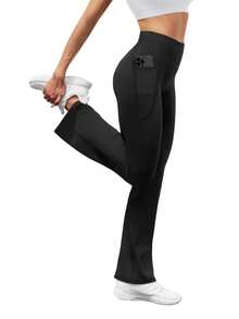 LKESRC Women's High Waisted Pocket Yoga Pants Seamless Flare Bootcut Athletic Casual Trousers - 黑色 - 查看 4