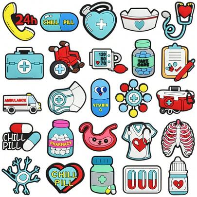 25pcs Plastic Medical Series Shoe Charms, Suitable For Phone, Hat, Chair, First Aid Kit, Notebook, Bottle, Car And Other Medical Themed DIY Decoration Gifts