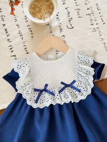 Baby Girls' Summer Lace Collar Dress, Cute White Hollow Lace Collar, Navy Blue Skirt, Blue Bow Decor, Princess Style, Comfortable & Skin-Friendly, Fashionable Outfit For Baby Girls - Blue - View 4