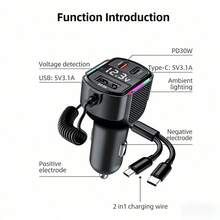 Black Cell Phones Car Charger 1 Multi-Functional Charger Equipped With Two Charging Cables Digital Ambient Light Vehicle Charger Fast Charging Portable Charger 1 USB Interface 2 Type-C Interfaces 1 Type-C Connector Quickly Charging Smart Phones Tablets And Portable Power Banks Valentine's Day Gift - one-size - View 3