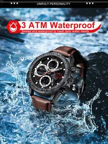 BIDEN 1件全新男士真皮运动防水石英腕表，男士计时表 - 棕色 - 查看 6