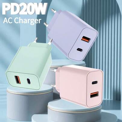 1 ชิ้น 20W อะแดปเตอร์ชาร์จเร็ว USB-C แบบ Dual Port พร้อมพอร์ต USB-A QC 3.0, ใช้ได้กับ IPhone 16/15/14/14 Pro/14 Plus/13/12/11, iPad, Galaxy และอุปกรณ์อื่นๆ