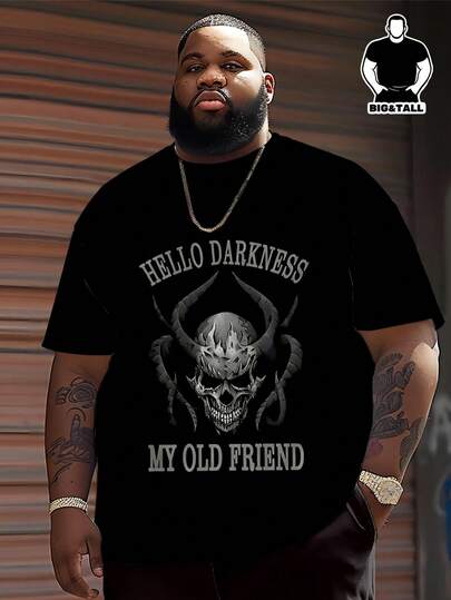 Camiseta de manga corta "HELLO DARKNESS" con calavera demoníaca talla grande | Gótico hardcore, eslogan oscuro de la calle estadounidense
