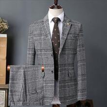 Latest Men's Fashion Style Suit Set, Business And Leisure Slim Fit Two-Piece Set, Four Season Style, Banquet And Travel, Business And Leisure Suit Two-Piece Set - 淺灰格 - 查看 1