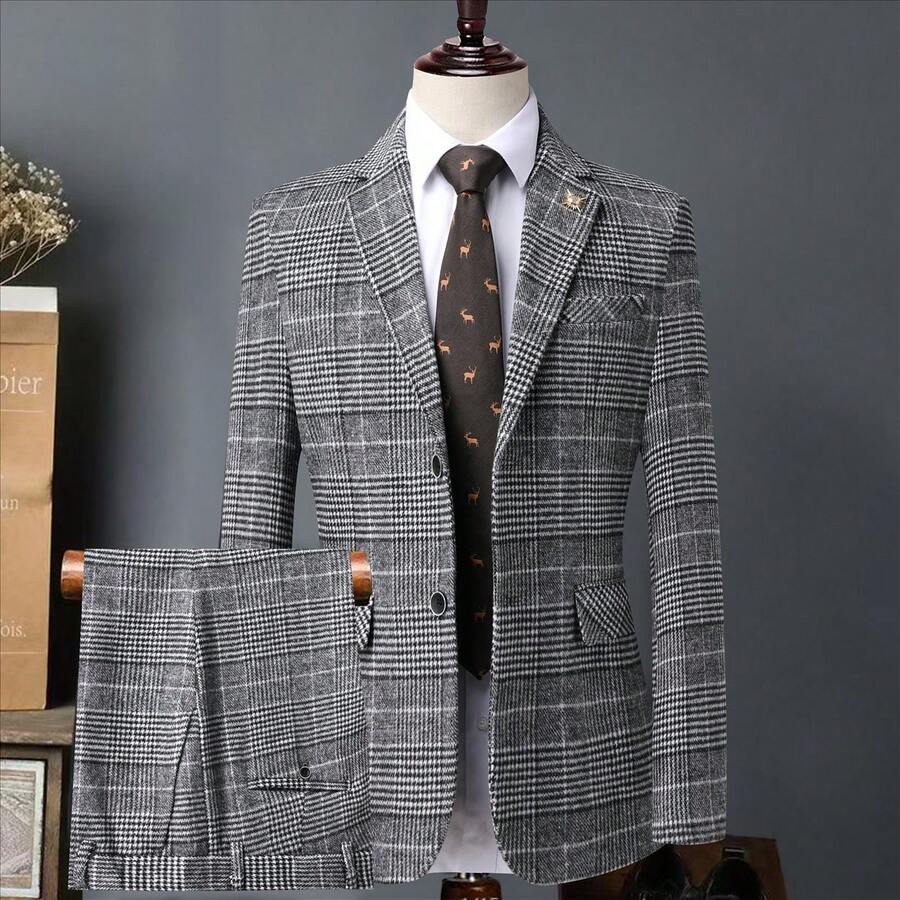 Latest Men's Fashion Style Suit Set, Business And Leisure Slim Fit Two-Piece Set, Four Season Style, Banquet And Travel, Business And Leisure Suit Two-Piece Set - 淺灰格 - 查看 1