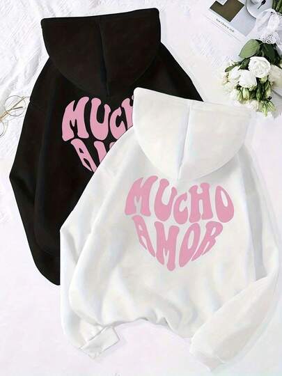Conjunto de 1piezas HUCHOAMOR Sudadera con capucha y suéter para parejas - Impresión de letras Mucho Amor en español, rosa/blanco, suelto, cálido para invierno, con bolsillos, conjunto a juego con texto en español, ropa casual KUDM