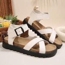 女士时尚厚底坡跟平底搭扣镂空交叉运动凉鞋 - 白色 - 查看 6