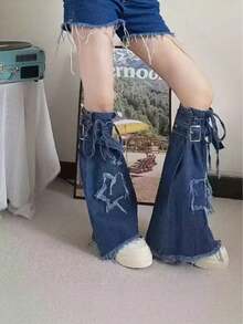 Y2K 星星刺绣朋克系带做旧牛仔喇叭腿套，复古夏季亚文化叠层腿套 - 彩色 - 查看 3