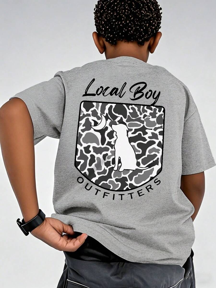 青少年男孩圓領短袖T恤,印有Local Boy Outfitters文字與動物狗圖案 - 灰色 - 查看 1