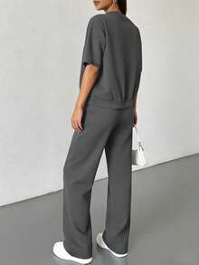 Women's Casual Solid Color 2-Piece Set, Fashionable Outfit With Short Sleeve Top And Pants, Suitable For Teachers, Office, Home, Street, Spring/Summer, Graduation, Back To School, Ins Style, New Spring/Summer Collection Elegant - Grey - View 4