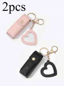 1pc Solid Color PU Leather Lipstick Holder (With Heart-Shaped Mirror) - Women's Makeup Keychain. Back To School Lipstick Holder With Heart-Shaped Mirror, Multiple Colors Available, Women's Makeup Bag, Heart-Shaped Bag Charm Fashion Keychain Pendant, Wallet, Handbag, Bag Accessory. Suitable For Parties, Weddings And Dances. Make Up Bag - White - View 26