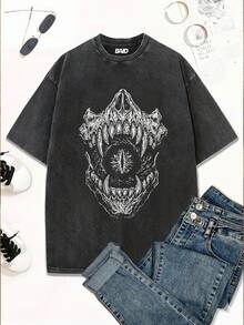 Stonewashed Streetwear T-Shirt With Mouth And Eyes, Dark Gothic, Women's, Emo, Gothic Fans, Street Fashion, Urban Culture, Unisex, Men's And Women's, 100% Cotton, Top Premium Streetwear, New Release, Immediate Shipping, Various Colors!! - 黑色 - 查看 1