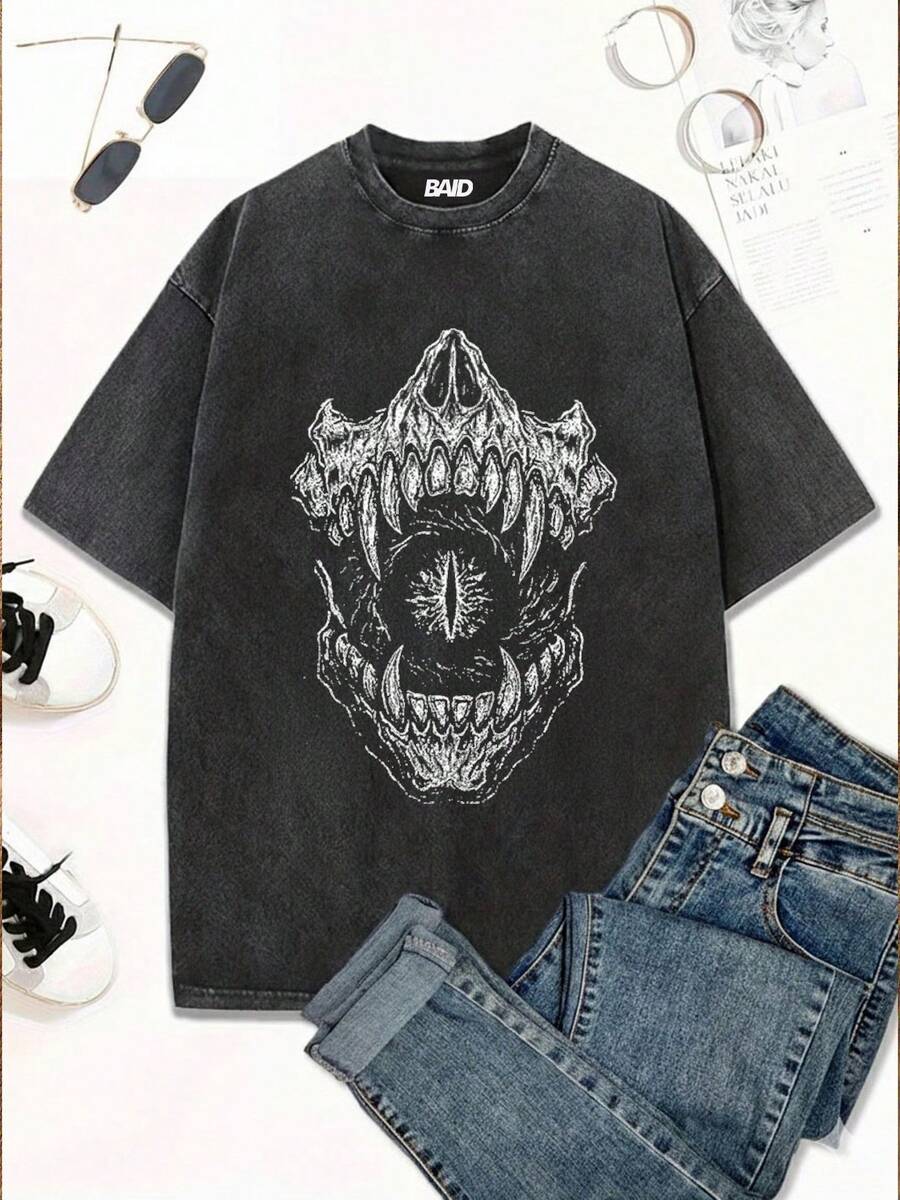 Stonewashed Streetwear T-Shirt With Mouth And Eyes, Dark Gothic, Women's, Emo, Gothic Fans, Street Fashion, Urban Culture, Unisex, Men's And Women's, 100% Cotton, Top Premium Streetwear, New Release, Immediate Shipping, Various Colors!! - 黑色 - 查看 1