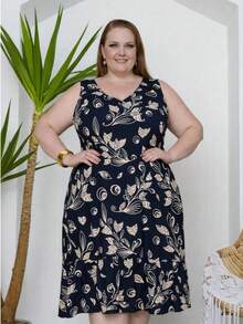 Women's Plus Size Tank Dress In Printed Viscose Linen Fabric, Casual, Vacation Style - màu đen - Xem 3
