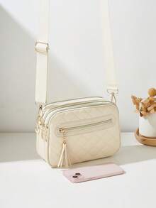 1 chiếc túi đeo chéo nữ kiểu dáng thường ngày, thiết kế 4 khóa kéo, màu trơn, họa tiết hình thoi thời trang cá tính, cầm tay/đeo vai thoải mái, dung tích lớn, phù hợp cho du lịch, mua sắm, đi làm. - Màu be - Xem 3