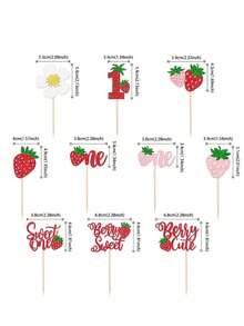 10pcs Strawberry Cake Decorations, Children's Party Supplies Glitter Paper Cupcake Toppers Suitable For Desserts - Multicolor - View 4