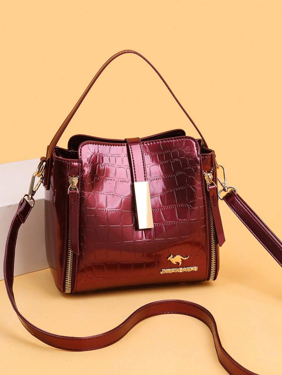 Women Patent Leather Handbag High Quality Lnterior Slot Pocket Leather Bucket Bag Female Shoulder Bag Luxury Brand Crossbody Bag - Red - View 1