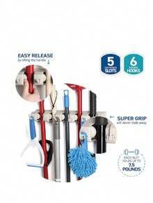 Home- It Mop and Broom Holder, 5 Position with 6 Hooks Garage Storage Holds up to 11 Tools, Storage Solutions for Broom Holders, Garage Storage Systems Broom Organizer for Garage Shelving Ideas - Blanco - Ver 4