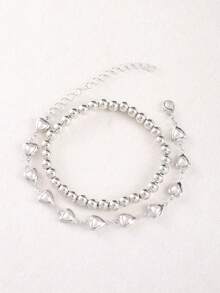 1 Set (2pcs) Fashionable & Elegant Beaded Bracelet, Heart & Faux Pearl Bracelet Set, Suitable For Dates, Valentine's Day Gift, Girlfriend - Silver - View 2