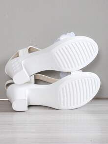 Elegant Rhinestone Sparkling Bow Decor Chunky Heel Sandals, Breathable Luxurious Style For Wedding, Party, Beach Holiday, Women's High Heels, Comfortable For Commuting In Summer, Pure White - White - View 3