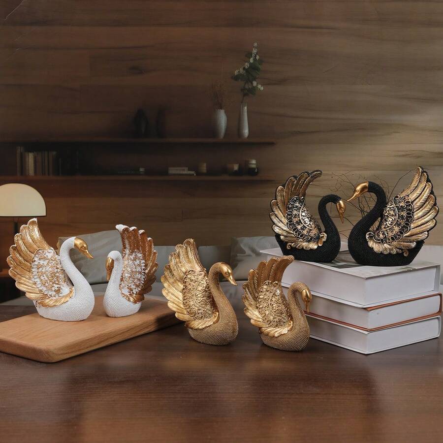 2件套优雅天鹅装饰摆件，金/黑/白树脂工艺雕像，适合摆放在家居客厅架子、办公桌或婚礼餐桌上作为装饰（3种颜色可选） - 金色2pcs - 查看 1