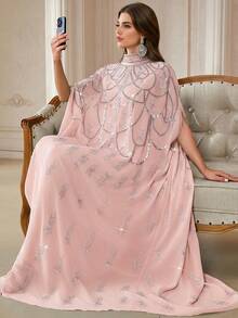 优雅串珠蝙蝠袖长款立领阿巴雅长袍，梭织面料刺绣设计 - 淺粉色 - 查看 5