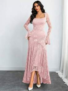 Women's Elegant French Romantic Sexy Square Neck Rose Lace Jacquard Retro Two-Layer Pleated Petal Sleeves Hem Asymmetrical Dress Suitable For Date Holiday And Daily Pink Spring - Pink - View 4