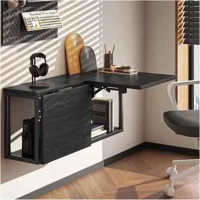 Escritorio Flotante, Escritorio Plegable Pared, Escritorio de Pared, Escritorio Flotante con Estante de Almacenamiento, 2 Piezas. Negro, 42 * 52