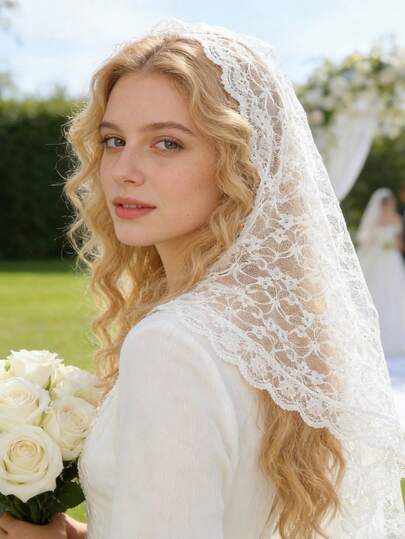 1 pieza Diadema con adorno de encaje con estampado de flores para novia, tocado de velo de comunión, velo corto de una sola capa