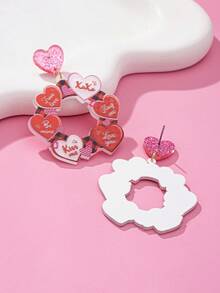1 Pair Fashionable Cute Acrylic Heart Printed Stud Earrings, Pendant Earrings For Women Daily Wear - Heart Flower - View 7