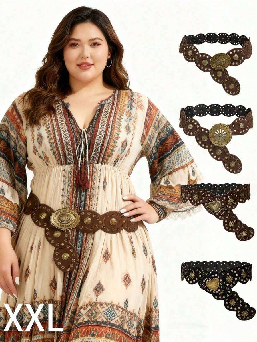 1pc Plus Size Women's Bohemian Style Solid Color Vintage Velvet Patchwork Belt, Black & Coffee Patchwork Belt, Oval & Heart Shaped Chunky Belt, Suitable Dresses, Coats, Sweaters, Pants, Parties, Gatherings, Dates, Campus, Music Festivals, Winter,, Essential Plus Size Ladies - A - Xem 1