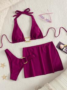 Conjunto de biquíni de 3 peças para mulher, cor lisa com acessórios de metal, top halter, calcinha com amarrações laterais & minissaia com fenda lateral, roupa de praia estilosa para férias de verão - Roxa - Ver 2