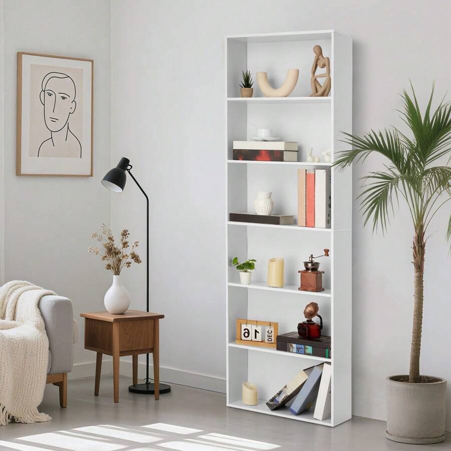 6-Tier Modern Industrial Bookcase, 71" Tall Freestanding Rustic Wood Bookshelf, Floor Standing Open Display Shelf, 250LB Capacity, For Home, Bedroom,  Living Room, Office, Library - Màu sắc: Trắng - Xem 1