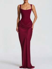 Cornelia 女士性感吊带紧身连衣裙，夏季垂褶长裙，黑色蕾丝系带露背优雅生日派对鸡尾酒礼服 - 酒紅色 - 查看 2