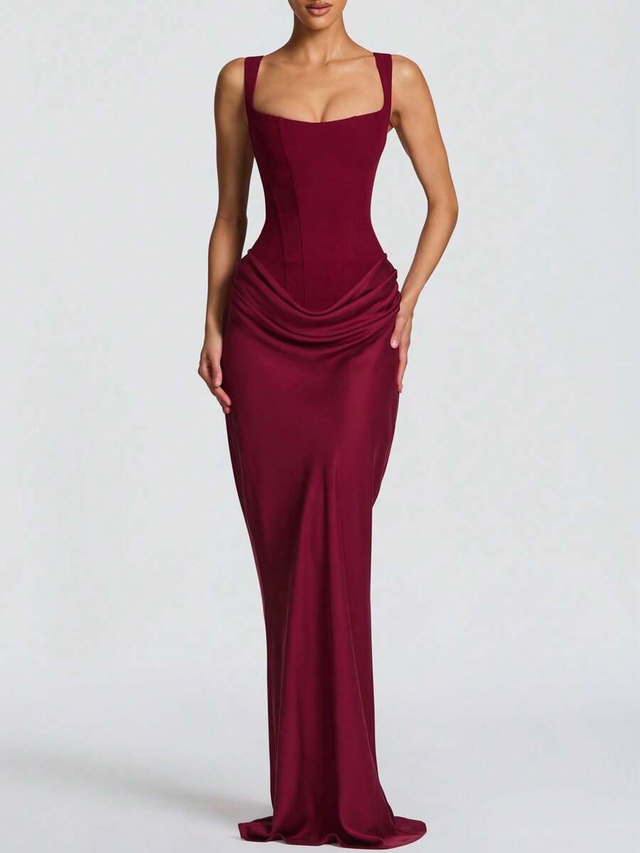 Cornelia 女士性感吊带紧身连衣裙，夏季垂褶长裙，黑色蕾丝系带露背优雅生日派对鸡尾酒礼服