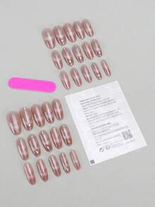 30片镶钻粉色条纹假指甲，含胶水和指甲锉，可重复使用，适合派对和日常佩戴，提升美甲优雅度 - 彩色 - 查看 3