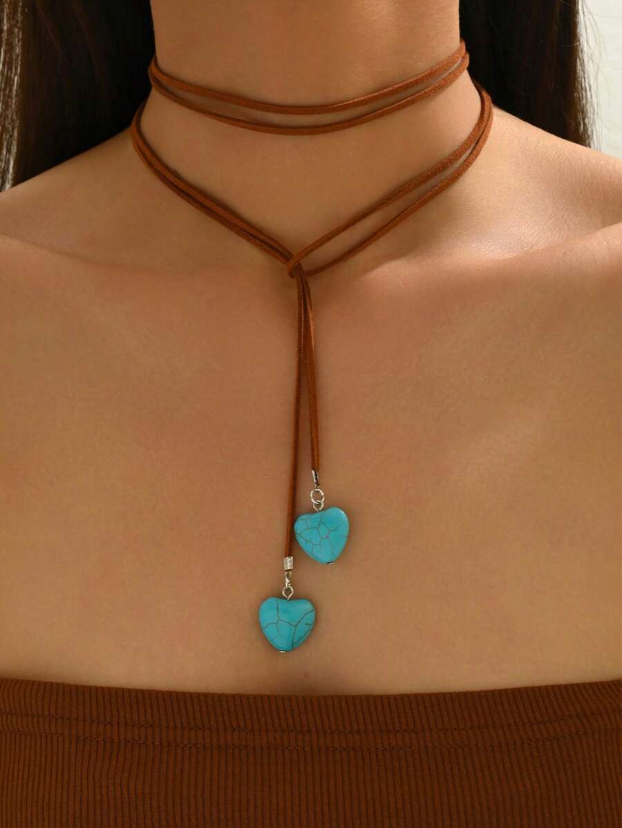 1pc Bohemian Style Adjustable Long Necklace With Vintage Turquoise Heart Pendant, Suitable For Daily Wear - Multicolor - View 1