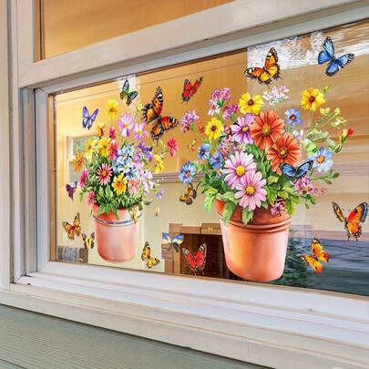 2pcs Springtime Colorful Floral And Butterfly Potted Plant Window Stickers, Reusable PVC Double-Sided Visible Electrostatic Glass Decals, Suitable For Bedrooms, Living Rooms, Dining Rooms, Classrooms, And Interior Home Decoration.