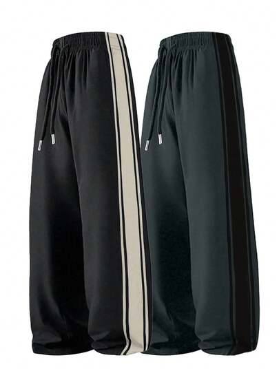 男士休闲宽松运动裤两件套，适合户外、跑步、健身、街头穿搭、日常穿着，条纹直筒裤，春秋季款