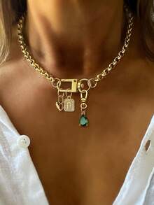 Dây chuyền chữ vàng STYLEVER 1 chiếc kèm nhiều mặt dây chuyền, mặt dây chuyền ngọc lục bảo, dây chuyền thép không gỉ. Thích hợp cho công sở, sử dụng hàng ngày, tiệc tùng, dạ hội. Vòng tay nữ sang trọng độc đáo. - Vàng - Xem 17