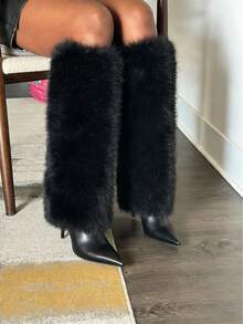 Women's Fluffy Fur Pointed Toe Stiletto Heels Knee High Boots Holiday Vacay Vibe For Elegant Fashionable Boots Spring Summer Party Evening Gala - 黑色 - 查看 4
