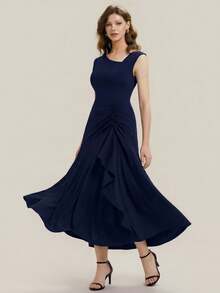 Elegant Long Asymmetrical Neck Ruched Bust Cap Sleeve Detail High Stretch Fabric Bridesmaid Dress Or Party And Classy Event - Navy Blue - View 4