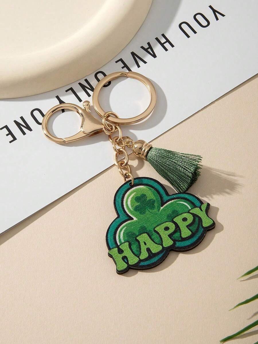 1个绿色三叶草流苏英文字母钥匙扣吊坠，休闲木质钥匙扣，四季皆宜 - 三葉草 - 查看 1