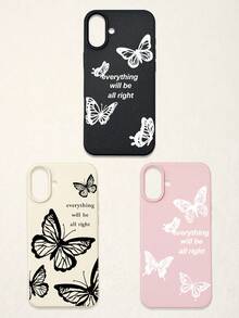 3pcs Butterfly Pattern Phone Cases, Motivational Slogan Positive Energy Phone Cases, Faux Leather Texture Black White Pink Shockproof Protective Covers, Compatible With IPhone & - Multicolor - View 24