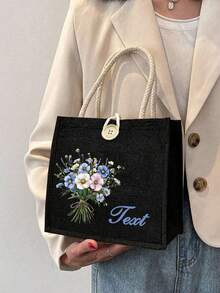Customizable Linen Tote Bag, Personalized Name & Floral Wreath Pattern, Button Decor, Large Capacity Handbag, Foldable Travel Shopping Bag, Tote - Multicolor - View 13
