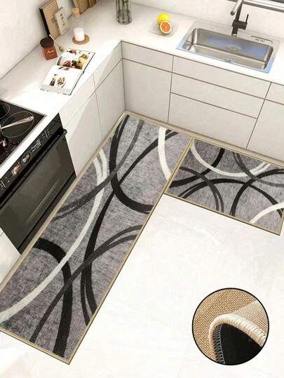 3.5毫米厚橡胶亚麻厨房地垫，现代抽象艺术风格，吸水性强，包边设计防止脱皮，吸水易清洁，亚麻表面，海绵中间层，橡胶底，适用于厨房、家居装饰、浴室、玄关、洗衣房、走廊、客厅等场所。
