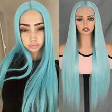 Teal Blue Lace Front Wig For Women - Glueless 13x4 Free Part Pre Plucked Hairline, 28" Long Straight Ice Blue Hair With Natural Middle Part, Light Lake Green Heat Resistant Synthetic Fiber Wigs, For Easy Styling, Perfect For Daily Use & Cosplay - 薄荷藍 - 查看 1